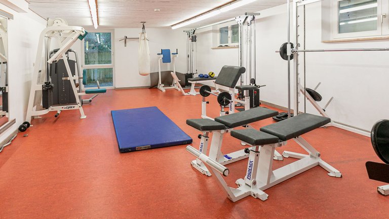 Gym with fitness benches, mat and punching bag